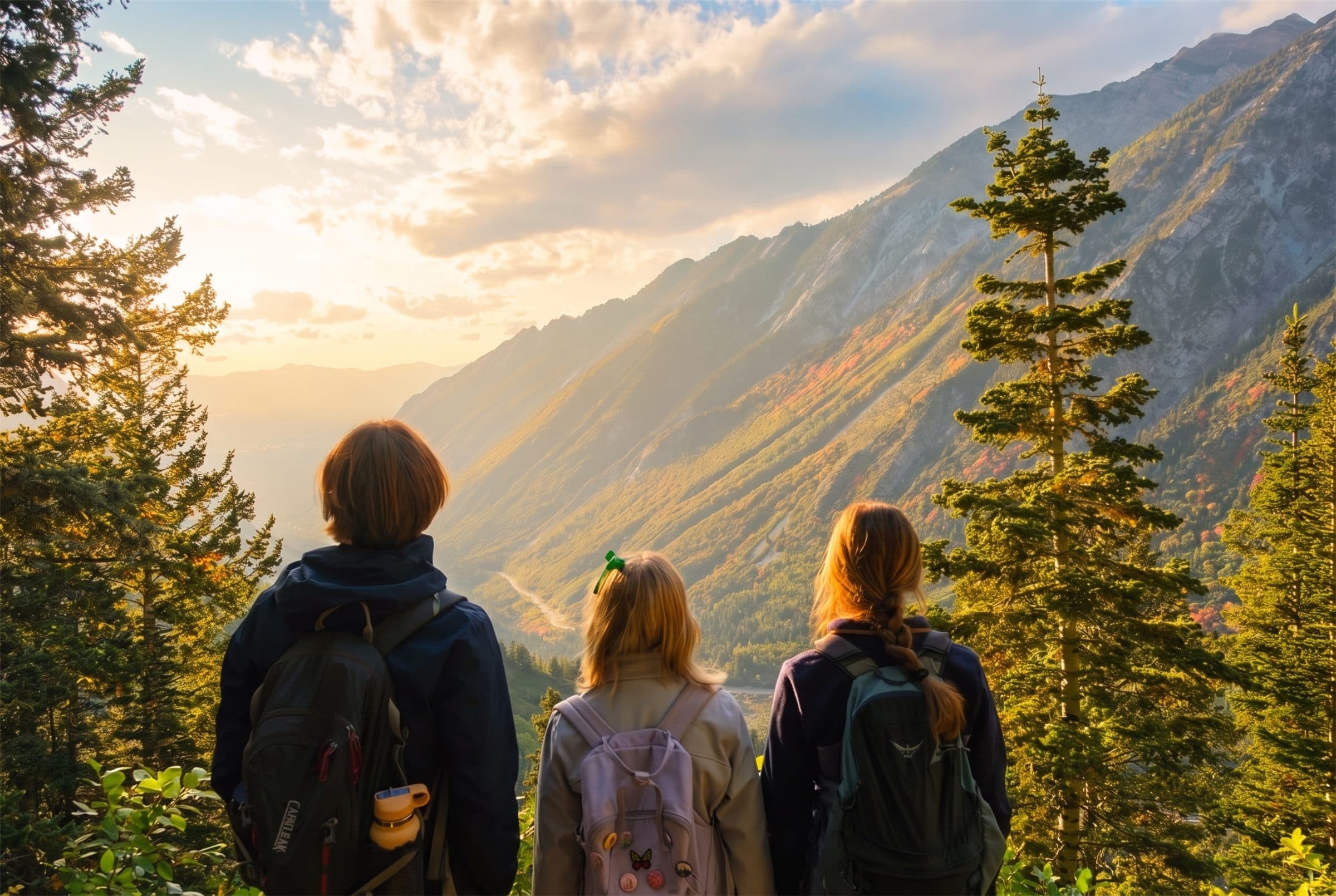 Three teenagers with backpacks looking out over a mountain valley in golden morning light